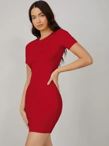 SHEIN BASICS Vestido mini ajustado de mujer de manga corta y cuello redondo de unicolor - Rojo - Ver 1