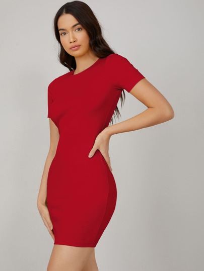 SHEIN BASICS Women Solid Color Round Neck Short Sleeve Bodycon Mini Dress