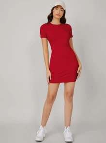 SHEIN BASICS Vestido mini ajustado de mujer de manga corta y cuello redondo de unicolor - Rojo - Ver 5