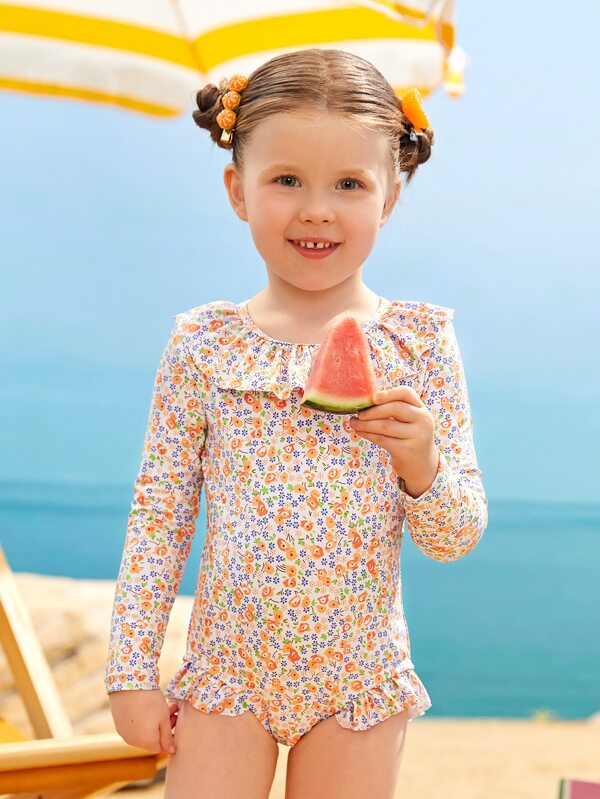 SHEIN Kids EVRYDAY Toddler Girls Ditsy Floral Ruffle Trim Backless One