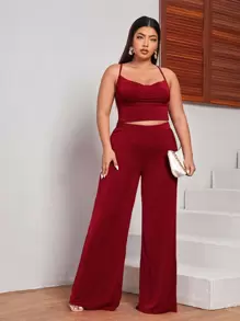 SHEIN 大碼十字交叉吊帶上衣和闊腿褲套裝