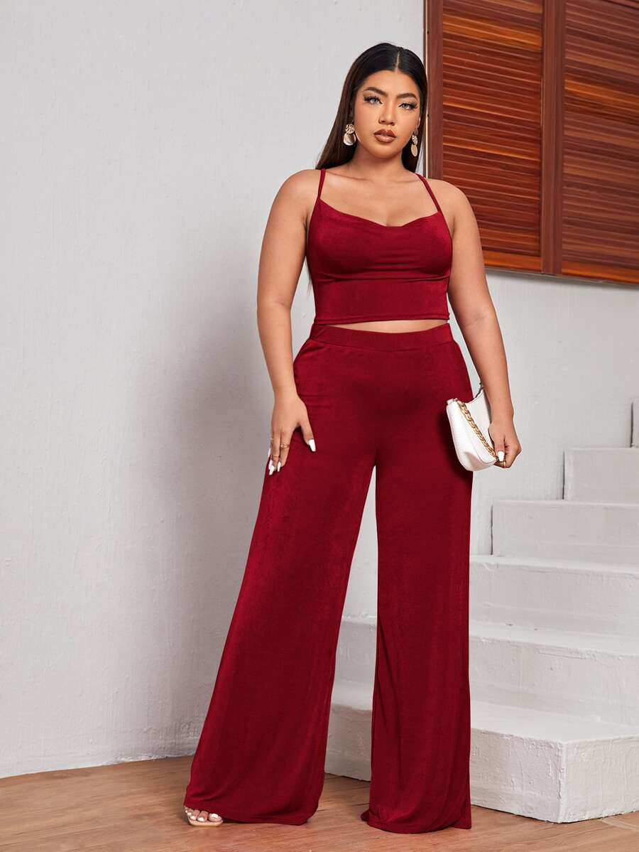 SHEIN 大碼十字交叉吊帶上衣和闊腿褲套裝