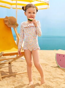 年輕的女孩小碎花荷葉邊露背一件式泳衣 - 彩色 - 查看 6