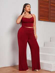 SHEIN 大碼十字交叉吊帶上衣和闊腿褲套裝