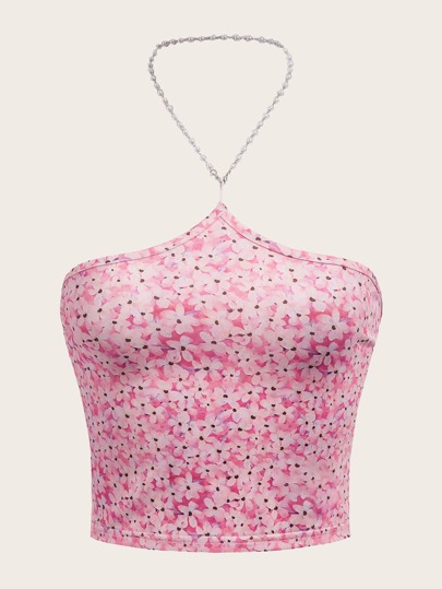 V-Neck Ditsy Floral Chain Accent Vacation Blouse