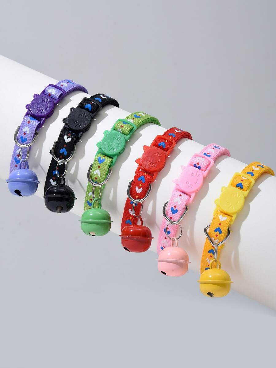 1pc Random Color Cat Buckle Heart Print Pet Collar With Bell - Multicolor - View 1
