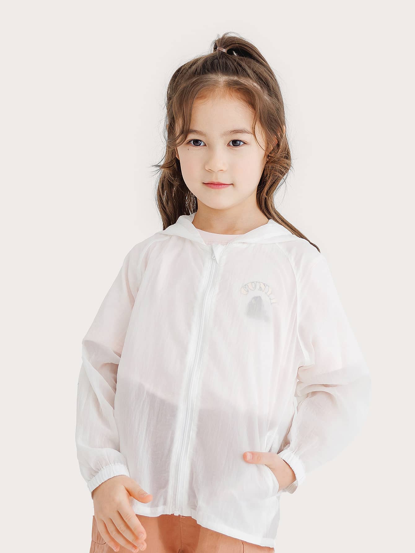 Niñas 1 pieza Cazadora con estampado de oso y letra de manga raglán con capucha - Blanco - Ver 1