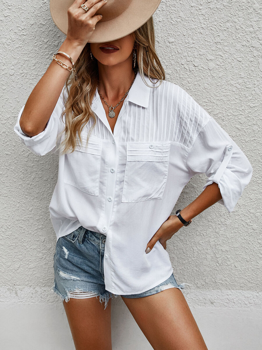 EMERY ROSE Camisa de Manga Longa com Ombros Caídos, Botões na Frente e Cor Sólida Simples para Outono, para Mulheres