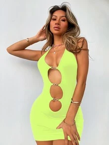 Neon Lime Chain Cutout Front Bodycon Dress - Lime Green - View 4