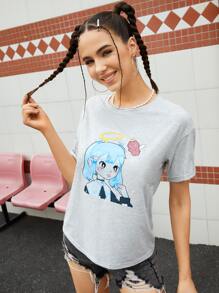 Naawberry Drop Shoulder Figure Graphic Top - Light Grey - View 3