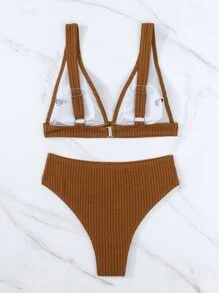 Solid High Waisted Bikini For Summer Beach - Rust Brown - View 4