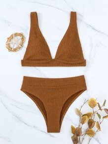 Solid High Waisted Bikini For Summer Beach - Rust Brown - View 5
