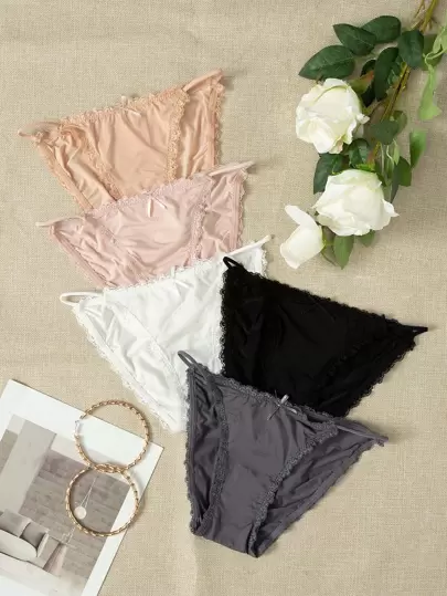 女士休闲多色面料纯色比基尼内衣，搭配撞色蕾丝花边