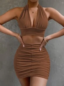 SHEIN Essnce 後背繫帶掛脖上衣和包臀半身裙套裝 - 咖啡棕 - 查看 6