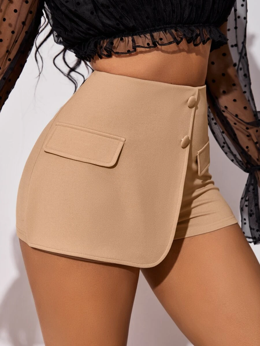 SHEIN SXY Quần đùi nữ Dây kéo Nút phía trước màu trơn Giải trí - Màu be - Xem 1