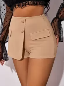 SHEIN SXY Quần đùi nữ Dây kéo Nút phía trước màu trơn Giải trí - Màu be - Xem 5