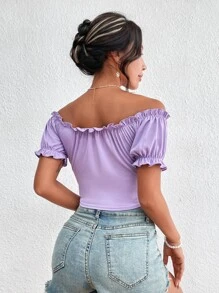 Off Shoulder Lettuce Trim Top - Lilac Purple - View 2