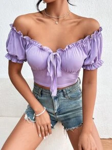 Off Shoulder Lettuce Trim Top - Lilac Purple - View 3
