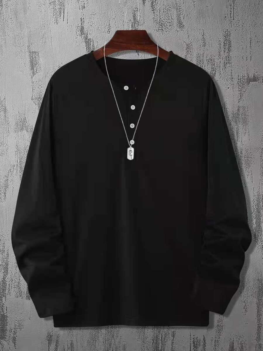 Manfinity Tops Nam Nút màu trơn Giải trí - màu đen - Xem 1