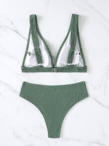 SHEIN Swim Summer Beach Ribbed Bikini Set Buckle Back Tank Bra & High Waisted Bottom 2 Piece Bathing Suit - Olive Green - View 3