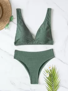 SHEIN Swim Summer Beach Ribbed Bikini Set Buckle Back Tank Bra & High Waisted Bottom 2 Piece Bathing Suit - Olive Green - View 5