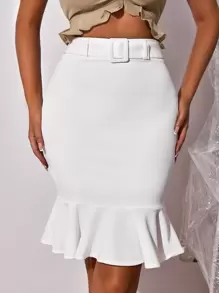SHEIN SXY Ruffle Hem Belted Bodycon Skirt - White - View 1