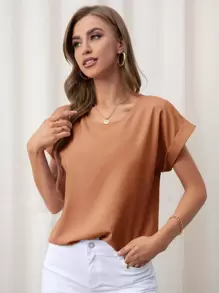 SHEIN LUNE Rolled Cuff Batwing Sleeve Blouse - Orange - View 3