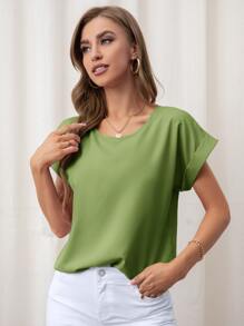 SHEIN LUNE Rolled Cuff Batwing Sleeve Blouse - Army Green - View 5