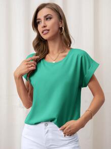 SHEIN LUNE Rolled Cuff Batwing Sleeve Blouse - Cadet Blue - View 5