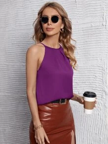 SHEIN Privé Top de tirantes unicolor con fruncido - Morado - Ver 3