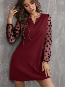 SHEIN Clasi Đầm Tương phản Mesh Chấm bi Thanh lịch - Màu Đỏ Sâu - Xem 1