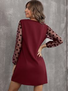 SHEIN Clasi Đầm Tương phản Mesh Chấm bi Thanh lịch - Màu Đỏ Sâu - Xem 2