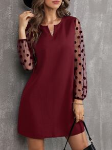 SHEIN Clasi Đầm Tương phản Mesh Chấm bi Thanh lịch - Màu Đỏ Sâu - Xem 3