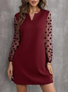 SHEIN Clasi Đầm Tương phản Mesh Chấm bi Thanh lịch - Màu Đỏ Sâu - Xem 6