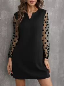 SHEIN Clasi Đầm Tương phản Mesh Chấm bi Thanh lịch - màu đen - Xem 4