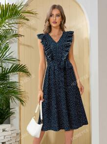 Polka Dot Print Ruffle Trim Belted Dress