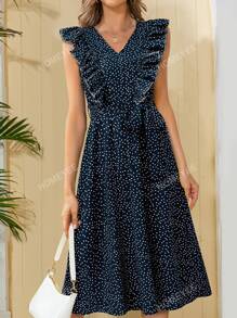 Polka Dot Print Ruffle Trim Belted Dress