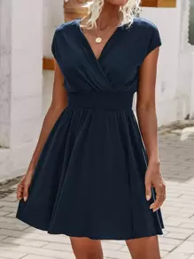 Chiquease Overlap Collar Shirred Waist Dress - Navy Blue - View 5
