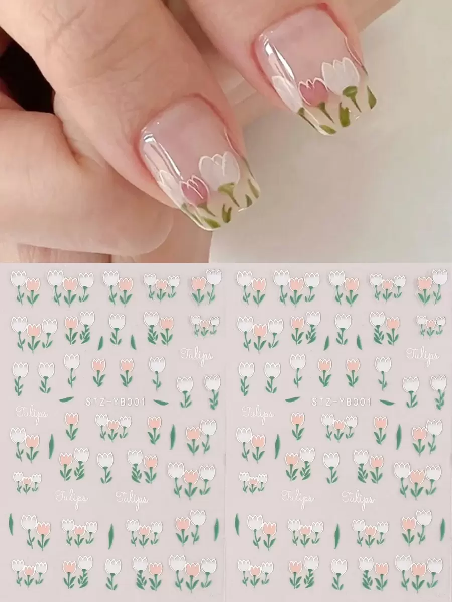 FULL BEAUTY 2片郁金香印花指甲藝術貼紙，指甲貼紙DIY - 彩色 - 查看 1