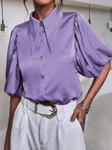 Áo sơ mi nữ Nút phía trước màu trơn Thanh lịch - Màu tím  Violet - Xem 1