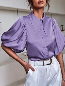 Áo sơ mi nữ Nút phía trước màu trơn Thanh lịch - Màu tím  Violet - Xem 4