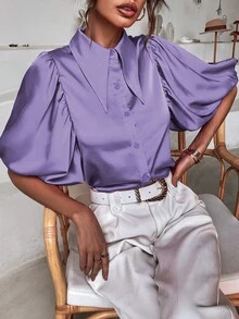 Áo sơ mi nữ Nút phía trước màu trơn Thanh lịch - Màu tím  Violet - Xem 5