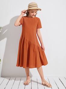 SHEIN Vestido Liso De Falda De Volantes Para Niñas - Óxido marrón - Ver 1