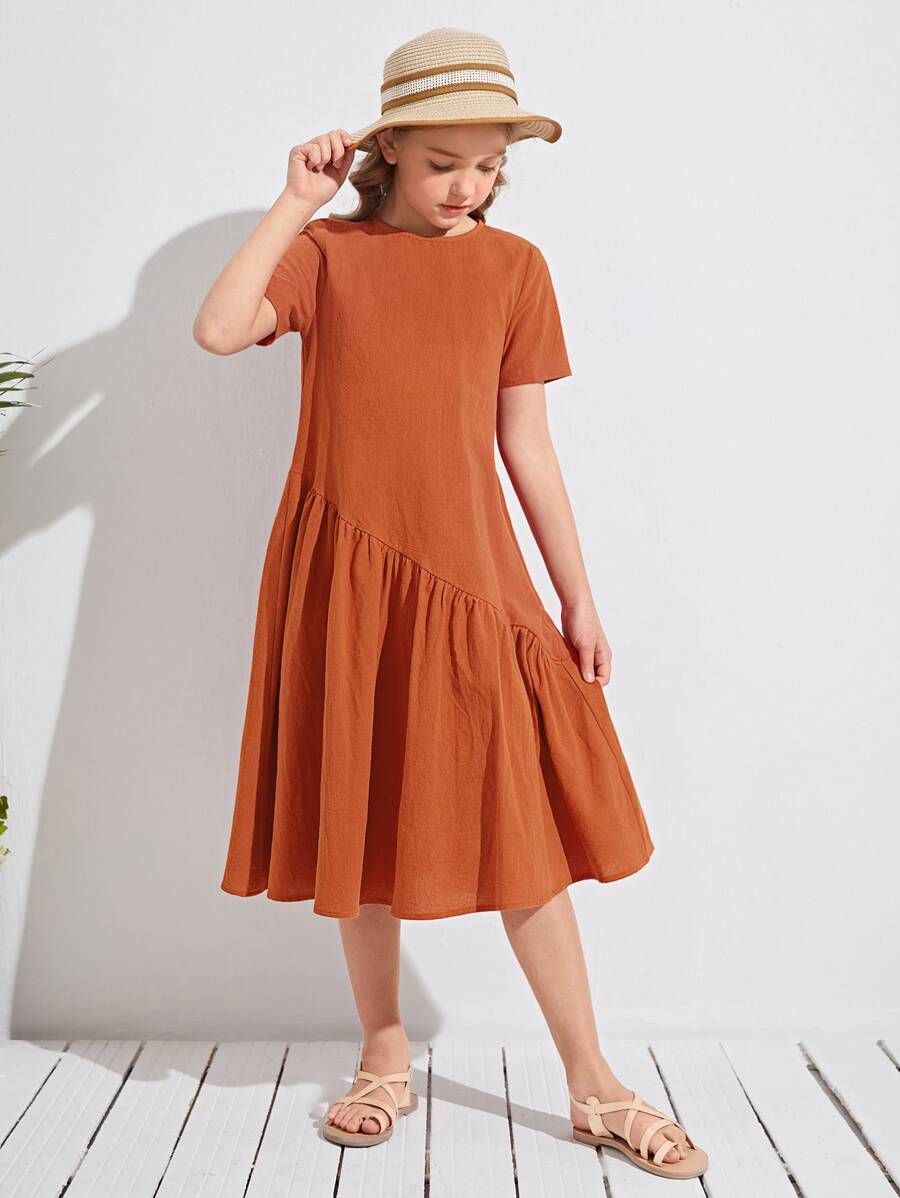 SHEIN Vestido Liso De Falda De Volantes Para Niñas - Óxido marrón - Ver 1
