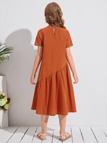 SHEIN Vestido Liso De Falda De Volantes Para Niñas - Óxido marrón - Ver 2