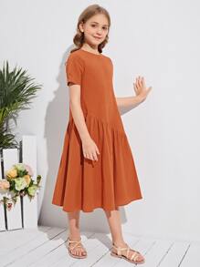 SHEIN Vestido Liso De Falda De Volantes Para Niñas - Óxido marrón - Ver 3