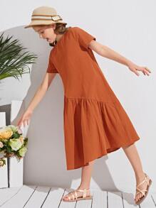 SHEIN Vestido Liso De Falda De Volantes Para Niñas - Óxido marrón - Ver 4