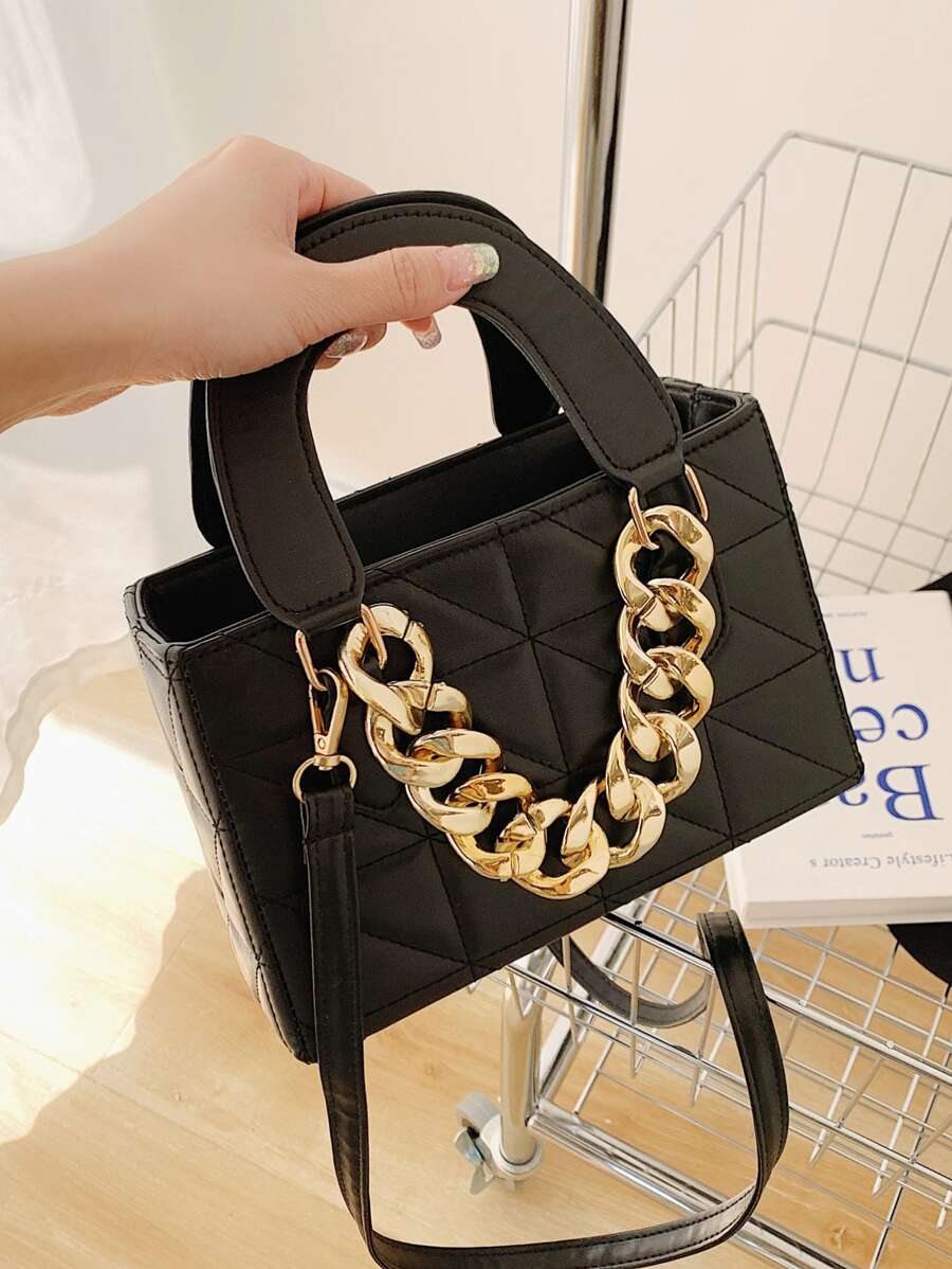 Bolsa De Cuadrados Acolchados Silenciosa Y Lujosa Con Decoración De Cadena Para Adolescentes, Mujeres Estudiantes Universitarias, Novatos Y Trabajadores De Cuello Blanco, Perfecta Para La Oficina, El Trabajo, Los Negocios Y Los Desplazamientos. La Mejor Bolsa De Trabajo Para Mujeres, Para Regalos De Maestros, Para Señoras, Para Mujeres De Negocios/desplazamientos/trabajo/ Oficina, Para Festivales/vacaciones/días Festivos - Negro - Ver 1