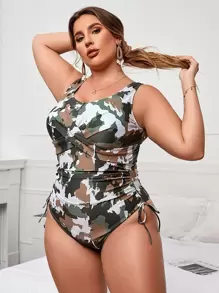 SHEIN Swim Curve Summer Plus Size Camouflage Twist Ruched One Piece Swimsuit - Multicolor - View 3