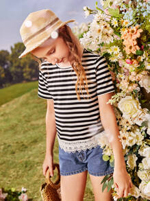 SHEIN Girls Guipure Lace Insert Striped Tee - Black and White - View 2